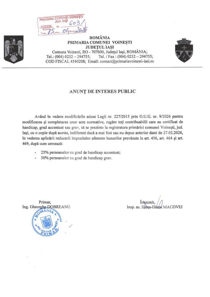 Anunț de interes public privind aplicarea reducerii impozitelor pentru contribuabilii care au certificat de handicap 