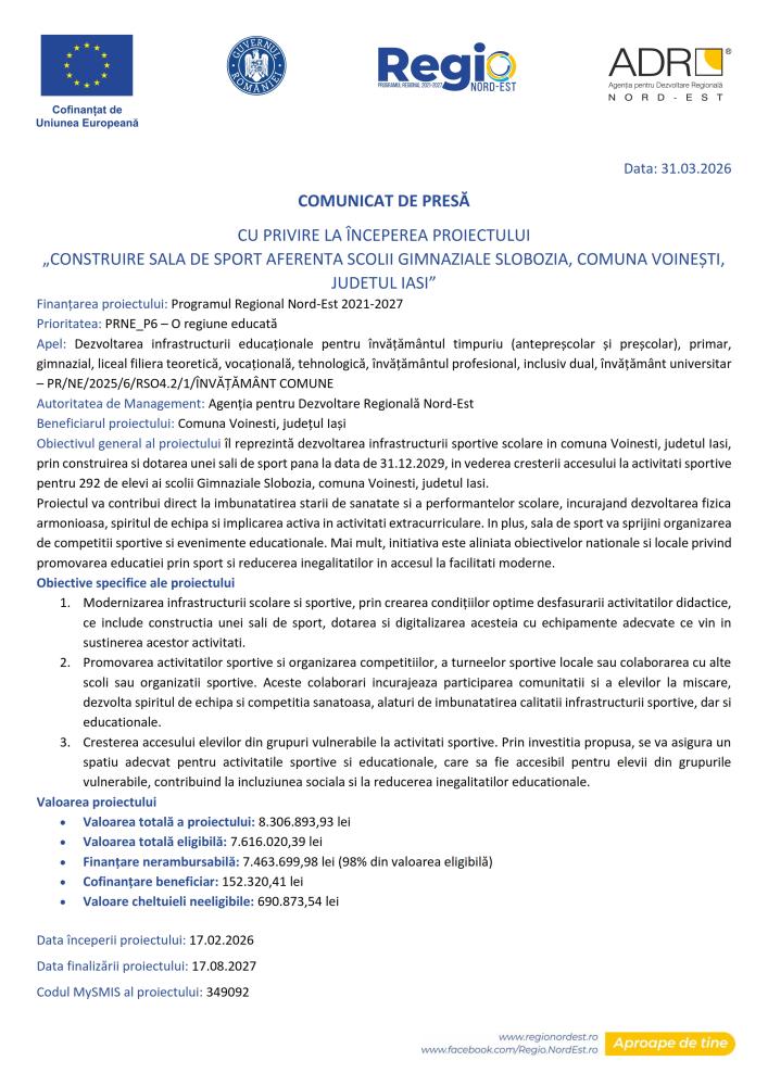 Construire Sală de sport Școala Gimnazială Slobozia