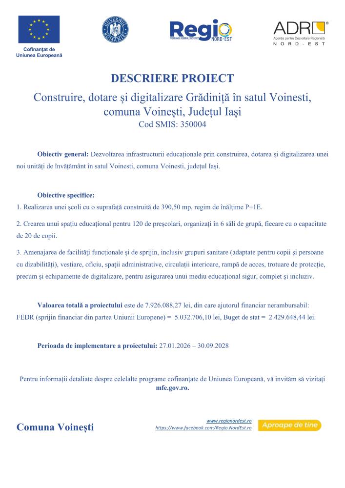 Comunicat de presă lansare proiect Construire, dotare și digitalizare Grădiniță în satul Voinești, comuna Voinești, județul Iași, Cod SMIS: 350004