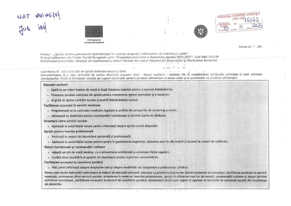 Proiect „Sprijin pentru persoanele defavorizate în vederea asigurării alimentelor de bază/mese calde